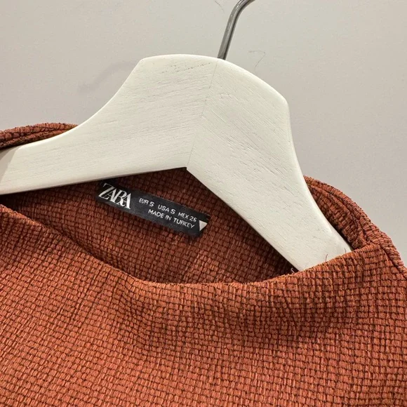 ZARA Rust Textured Midi Dress | Ruched Waist - Picture 3 of 4